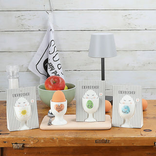 Eierbecher 4er Set 4 Motive Porzellan weiß 5x7cm weiß Halter für Eier Gute Laune Sprüche Eierhalter