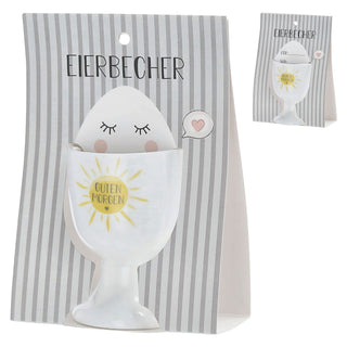 Eierbecher 4er Set 4 Motive Porzellan weiß 5x7cm weiß Halter für Eier Gute Laune Sprüche Eierhalter
