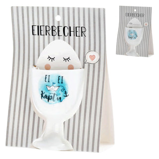 Eierbecher 4er Set 4 Motive Porzellan weiß 5x7cm weiß Halter für Eier Gute Laune Sprüche Eierhalter