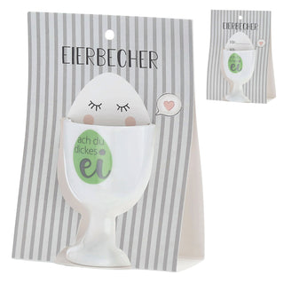 Eierbecher 4er Set 4 Motive Porzellan weiß 5x7cm weiß Halter für Eier Gute Laune Sprüche Eierhalter