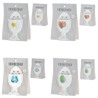 Eierbecher 4er Set 4 Motive Porzellan weiß 5x7cm weiß Halter für Eier Gute Laune Sprüche Eierhalter