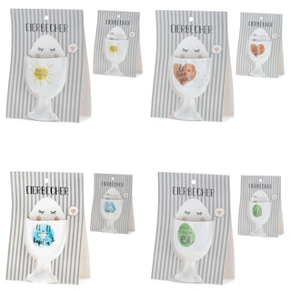 Eierbecher 4er Set 4 Motive Porzellan weiß 5x7cm weiß Halter für Eier Gute Laune Sprüche Eierhalter