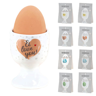 Eierbecher 4er Set 4 Motive Porzellan weiß 5x7cm weiß Halter für Eier Gute Laune Sprüche Eierhalter