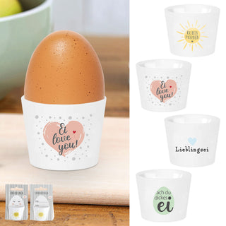 Eierbecher 4er Set 4 Motive Porzellan weiß 5x4cm weiß Halter für Eier Gute Laune Sprüche Eierhalter