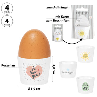 Eierbecher 4er Set 4 Motive Porzellan weiß 5x4cm weiß Halter für Eier Gute Laune Sprüche Eierhalter