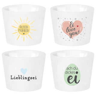 Eierbecher 4er Set 4 Motive Porzellan weiß 5x4cm weiß Halter für Eier Gute Laune Sprüche Eierhalter