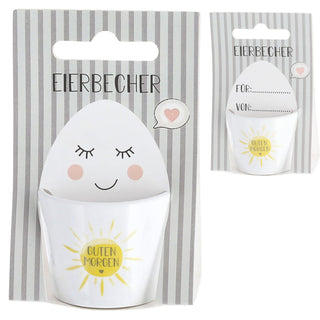Eierbecher 4er Set 4 Motive Porzellan weiß 5x4cm weiß Halter für Eier Gute Laune Sprüche Eierhalter