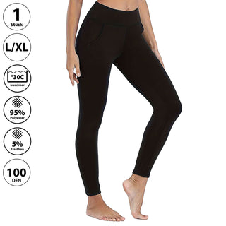 1/3x Damen Thermoleggings mit Taschen S/M | L/XL | XXL schwarz 100 DEN Polyester Elasthan Leggings Thermohose elastisch warm