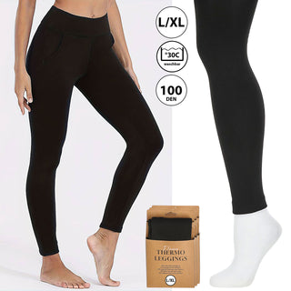 1/3x Damen Thermoleggings mit Taschen S/M | L/XL | XXL schwarz 100 DEN Polyester Elasthan Leggings Thermohose elastisch warm