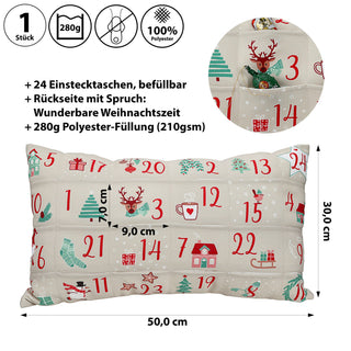 Adventskalender Kissen mit 24 Einstecktaschen 50x30x10cm Polyester 210gsm 1-24 Weihnachtsmotive Adventszeit Kalender Weihnachtsspruch