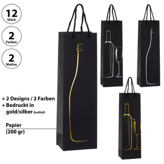 Flaschentüte 'Wein' 4 Motive 12er Set 12x36x8,5cm Papier 200gr schwarz Weihnachtstüte Geschenkverpackung Tüte Flaschentasche