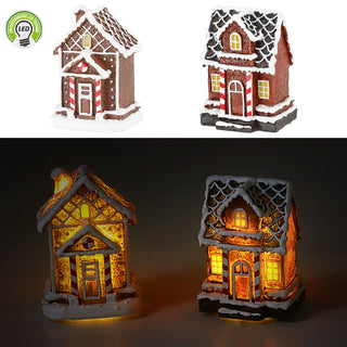 LED Winter Haus Lebkuchen 2er Set 5,5x8cm Polyresin warmweiße LED Knopfzelle An-/Ausschalter Lebkuchenhaus 2 Motive