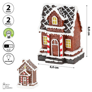 LED Winter Haus Lebkuchen 2er Set 5,5x8cm Polyresin warmweiße LED Knopfzelle An-/Ausschalter Lebkuchenhaus 2 Motive