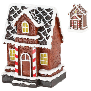 LED Winter Haus Lebkuchen 2er Set 5,5x8cm Polyresin warmweiße LED Knopfzelle An-/Ausschalter Lebkuchenhaus 2 Motive