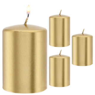 Stumpenkerze 4er Set gold/silber rund Ø6,8x10cm Paraffin Dekokerze metallisch Blockkerze Wachskerze Brenndauer 40h