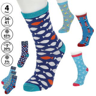 Damensocken Maritim 4er Pack onesize 36-41 bunt Polyester Baumwolle Elasthan 4 Motive Strümpfe Socken Frauensocken