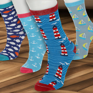 Damensocken Maritim 4er Pack onesize 36-41 bunt Polyester Baumwolle Elasthan 4 Motive Strümpfe Socken Frauensocken