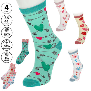 Damensocken Love 4er Pack onesize 36-41 bunt Polyester Baumwolle Elasthan 4 Motive Strümpfe Socken Frauensocken