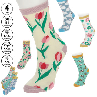 Damensocken Spring 4er Pack onesize 36-41 bunt Polyester Baumwolle Elasthan 4 Motive Strümpfe Socken Frauensocken