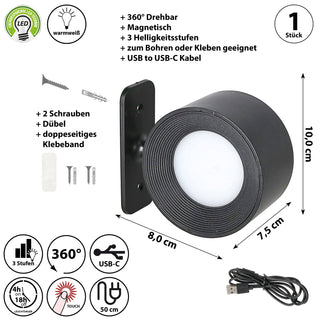 LED Wandlampe mit Magnet 360° schwenkbar Ø8cm 3 Helligkeitsstufen Wandhalterung USB-C 4-18h akkubetrieben