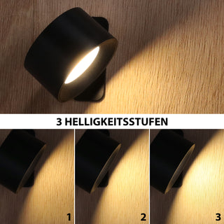 LED Wandlampe mit Magnet 360° schwenkbar Ø8cm 3 Helligkeitsstufen Wandhalterung USB-C 4-18h akkubetrieben