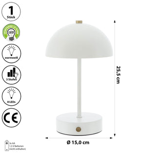 LED Leuchte 'Oslo' weiß 8 LEDs warmweiß Eisen Ø15x25,5cm 3 Helligkeitsstufen batteriebetrieben Tischeuchte Dekolampe Kugel-Lampenschirm