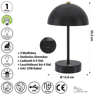 LED Leuchte 'Oslo' schwarz USB 16 LEDs Eisen Ø15x25,5cm 3 Weißtöne Li-ion Akku 50cm Ladekabel stufenlos dimmbar Tischeuchte Kugel-Lampenschirm