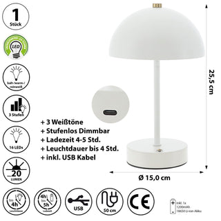 LED Leuchte 'Oslo' weiß USB 16 LEDs Eisen Ø15x25,5cm 3 Weißtöne Li-ion Akku 50cm Ladekabel stufenlos dimmbar Tischeuchte Kugel-Lampenschirm
