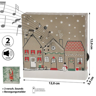 1/2er Set Soundbox 'Santa-' / 'Village-' / 'XMas-' Sounds Bewegungsmelder 12x12x3,5cm Pappe Kunststoff batteriebetrieben Lautstärke regulierbar