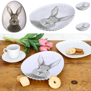 Gebäckteller Hase 4er Set Metall 18x24x2,5cm weiß grau Osterhase Eiform Osterdekoration Teller Hasenmotiv Hasenkopf