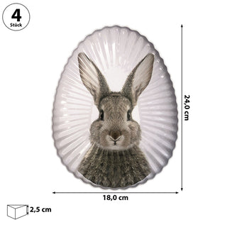 Gebäckteller Hase 4er Set Metall 18x24x2,5cm weiß grau Osterhase Eiform Osterdekoration Teller Hasenmotiv Hasenkopf
