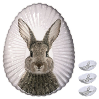Gebäckteller Hase 4er Set Metall 18x24x2,5cm weiß grau Osterhase Eiform Osterdekoration Teller Hasenmotiv Hasenkopf