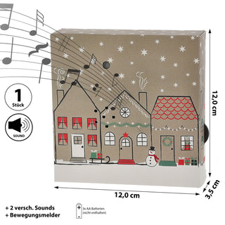 1/2er Set Soundbox 'Santa-' / 'Village-' / 'XMas-' Sounds Bewegungsmelder 12x12x3,5cm Pappe Kunststoff batteriebetrieben Lautstärke regulierbar
