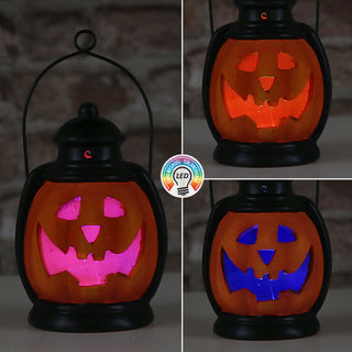 LED Halloween Laterne schwarz orange 10x20x8,5cm Terracotta Farbwechsel Windlicht Henkel Partylaterne Fratze batteriebetrieben