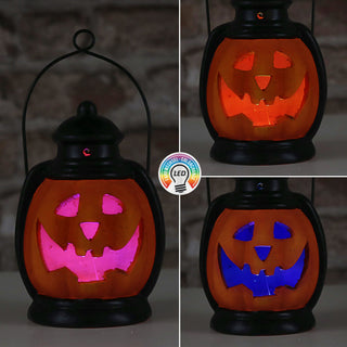 LED Halloween Laterne schwarz orange 10x20x8,5cm Terracotta Farbwechsel Windlicht Henkel Partylaterne Fratze batteriebetrieben