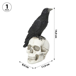 Rabe auf Totenschädel Polyresin 11x14x8cm schwarz weiß Dekofigur Skull Totenkopf Krähe Halloween Gothic Dekoration