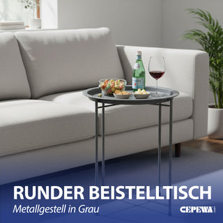 Beistelltisch grau rund Eisen PE PVC 37x42,5cm Ablage Metallgestell rund Industriedesign Tisch Couchtisch Wohnzimmertisch
