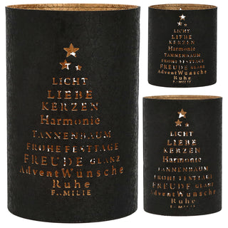 Windlicht Weihnachten 3er Set 3 Größen Eisen schwarz gold gestanzte Schrift Tannenbaum Weihnachtsdekoration Kerze Teelicht