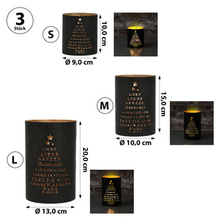 Windlicht Weihnachten 3er Set 3 Größen Eisen schwarz gold gestanzte Schrift Tannenbaum Weihnachtsdekoration Kerze Teelicht