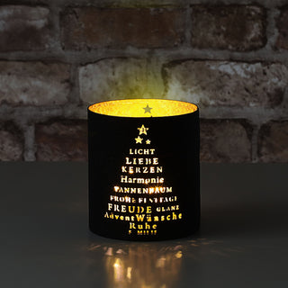 Windlicht Weihnachten 3er Set 3 Größen Eisen schwarz gold gestanzte Schrift Tannenbaum Weihnachtsdekoration Kerze Teelicht