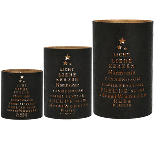 Windlicht Weihnachten 3er Set 3 Größen Eisen schwarz gold gestanzte Schrift Tannenbaum Weihnachtsdekoration Kerze Teelicht