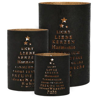 Windlicht Weihnachten 3er Set 3 Größen Eisen schwarz gold gestanzte Schrift Tannenbaum Weihnachtsdekoration Kerze Teelicht