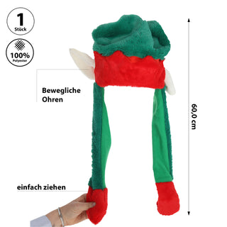 Mütze Weihnachtself mit beweglichen Ohren Polyester 40x60x7cm rot grün Plüsch Weihnachtskostüm Klappohren Elf Weihnachten