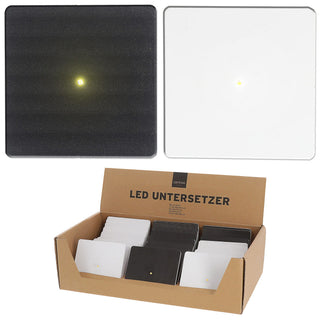 LED Glasuntersetzer 12er Set 6xSchwarz 6xWeiß 9,5x9,5cm kaltweiß beleuchtet Glas Untersetzer Getränkeglas Tischdekoration