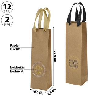 Flaschentüte 'Glückwünsche' 2 Motive 12er Set 10x35x8cm Papier 160gsm naturfarben Geschenkverpackung Tüte Flaschentasche