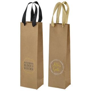 Flaschentüte 'Glückwünsche' 2 Motive 12er Set 10x35x8cm Papier 160gsm naturfarben Geschenkverpackung Tüte Flaschentasche