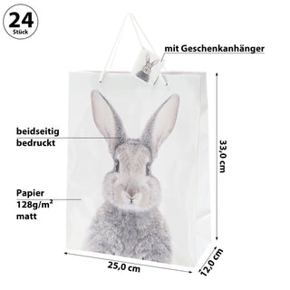 Geschenktüte Hase 12er Set 25x33x12cm Papier 128g/m² weiß matt beidseitig bedruckt Ostern Tüte Henkel Geschenkanhänger