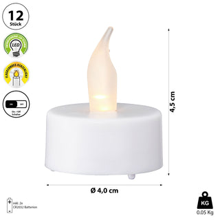 LED Teelicht 12er Set flackernd Ø4xH4,5cm Kunststoff weiß Kerzen Teelichter flammenlos batteriebetrieben