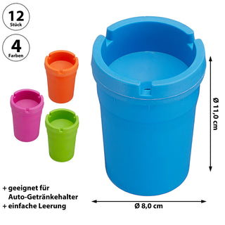 4/12x Reiseaschenbecher Set 8x11x8cm grün pink blau orange Kunststoff Deckel abnehmbar Tischaschenbecher Ascher