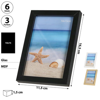 Bilderrahmen 6er Set je 2x schwarz weiß braun 11,5x16,5x1,5cm MDF Glas Bildgröße 10x15cm Rahmen Fotorahmen zum Stellen oder Hängen